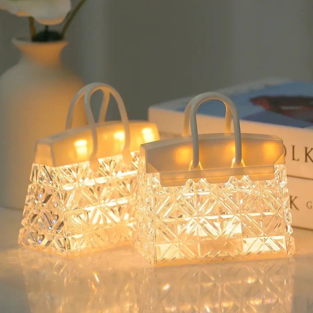 Crystal acrylic handbag night lamp with clear geometric patterns and warm LED glow with soft white handles