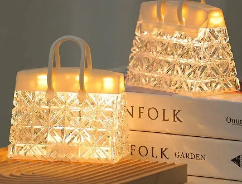Crystal acrylic handbag night lamp with clear geometric patterned glass, warm led glow, and white handles
