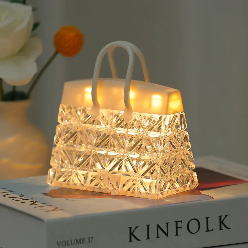 Crystal acrylic handbag night lamp with translucent crystal embossing warm led glow and white handles