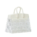 Crystal acrylic handbag night lamp with clear geometric pattern white handles and matching top flap with warm led glow