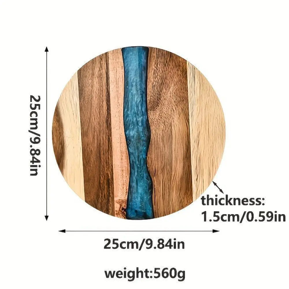 Teal resin river round wooden charcuterie board with a circular blue resin river design in the center