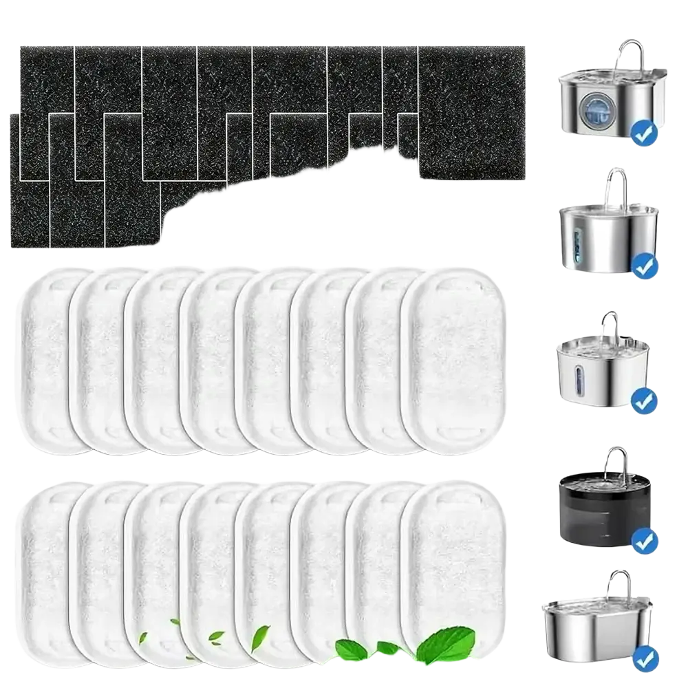 Set of 11 black and white activated carbon water filter cartridges for compatible pet water fountains