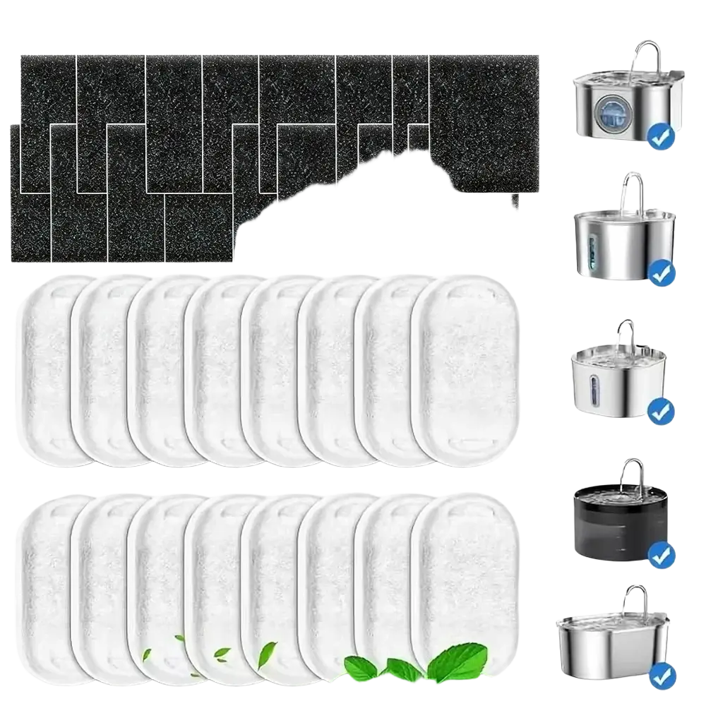 Set of black and white activated carbon replacement filters for pet water fountains ensuring clean water filtration