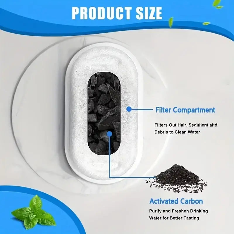 White oval-shaped pet water fountain filter cartridge filled with black activated carbon for replacement use