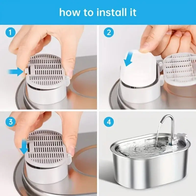 White plastic pet water fountain dispenser with stainless steel base and activated carbon filter replacement set