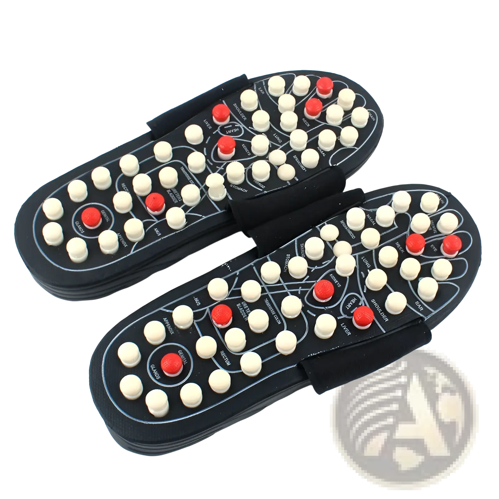 Black acupressure massage slippers for men and women with white and red acupressure points on the soles