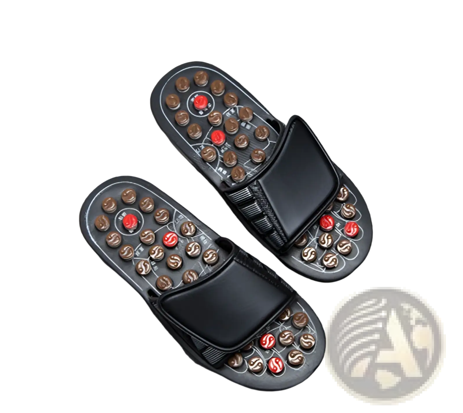 Black acupressure massage slippers for men and women with red and bronze circular nodes on the soles