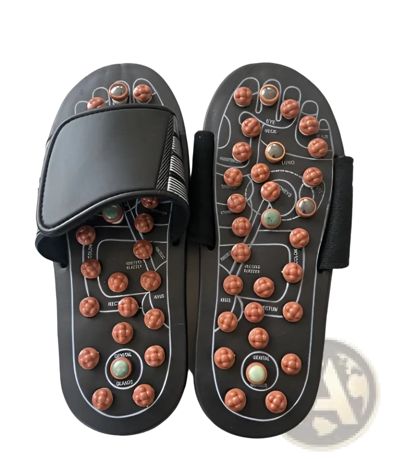 Black acupressure massage slippers with brown textured spherical beads arranged on the soles for men and women