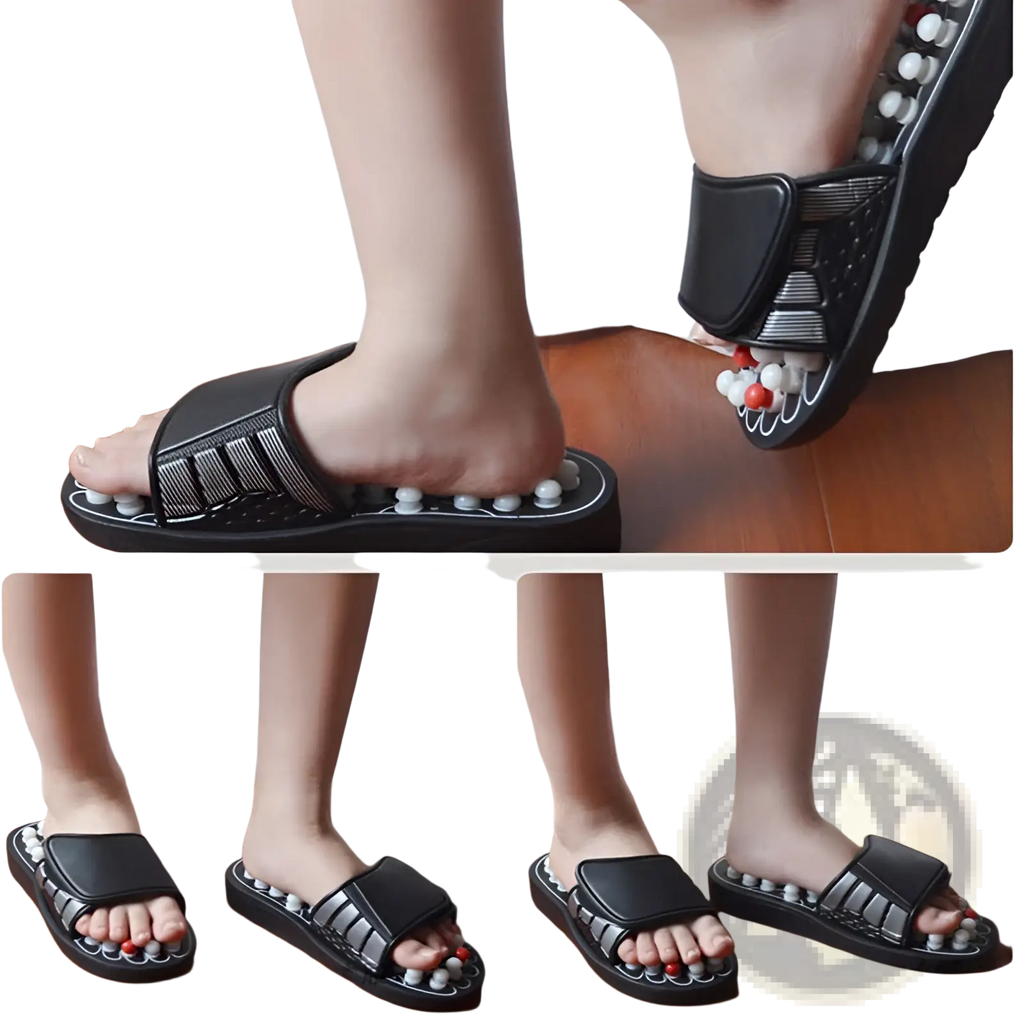 Acupressure massage slippers in black with white and red spherical beads embedded for foot therapy use