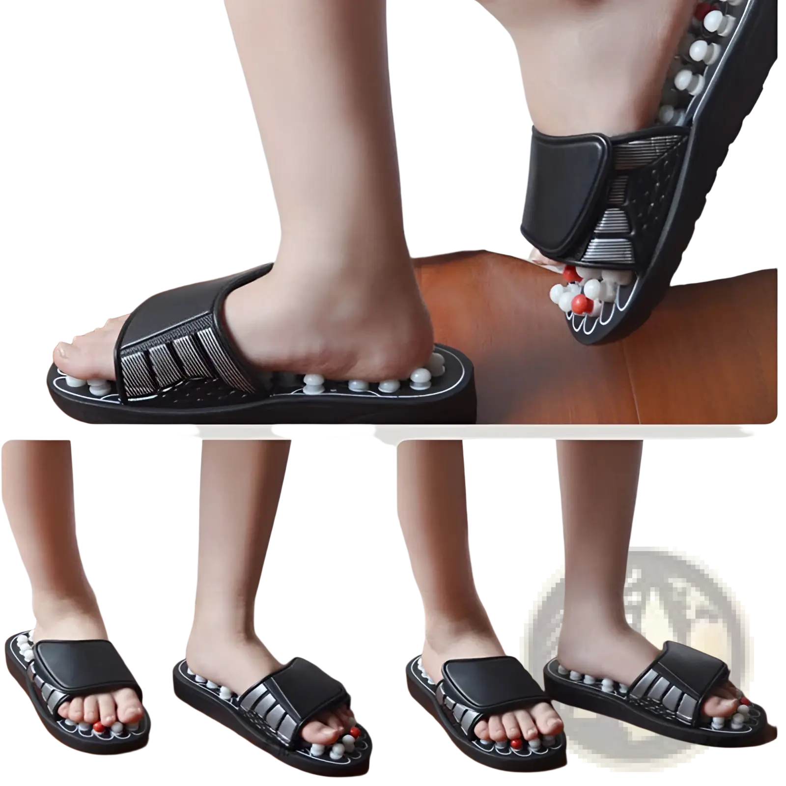Acupressure massage slippers in black with white and red spherical beads embedded for foot therapy use