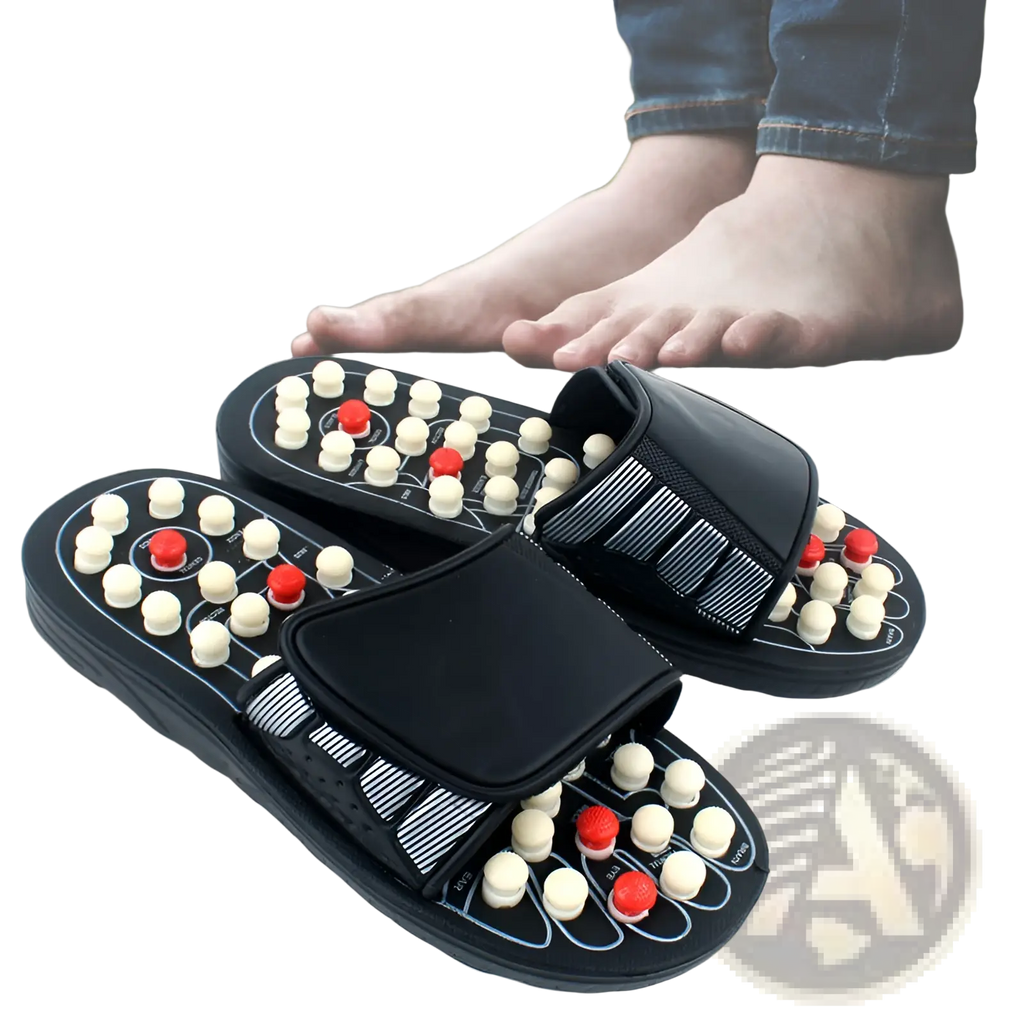 Black acupressure massage slippers for men and women with white and red spherical massage nodes on the soles