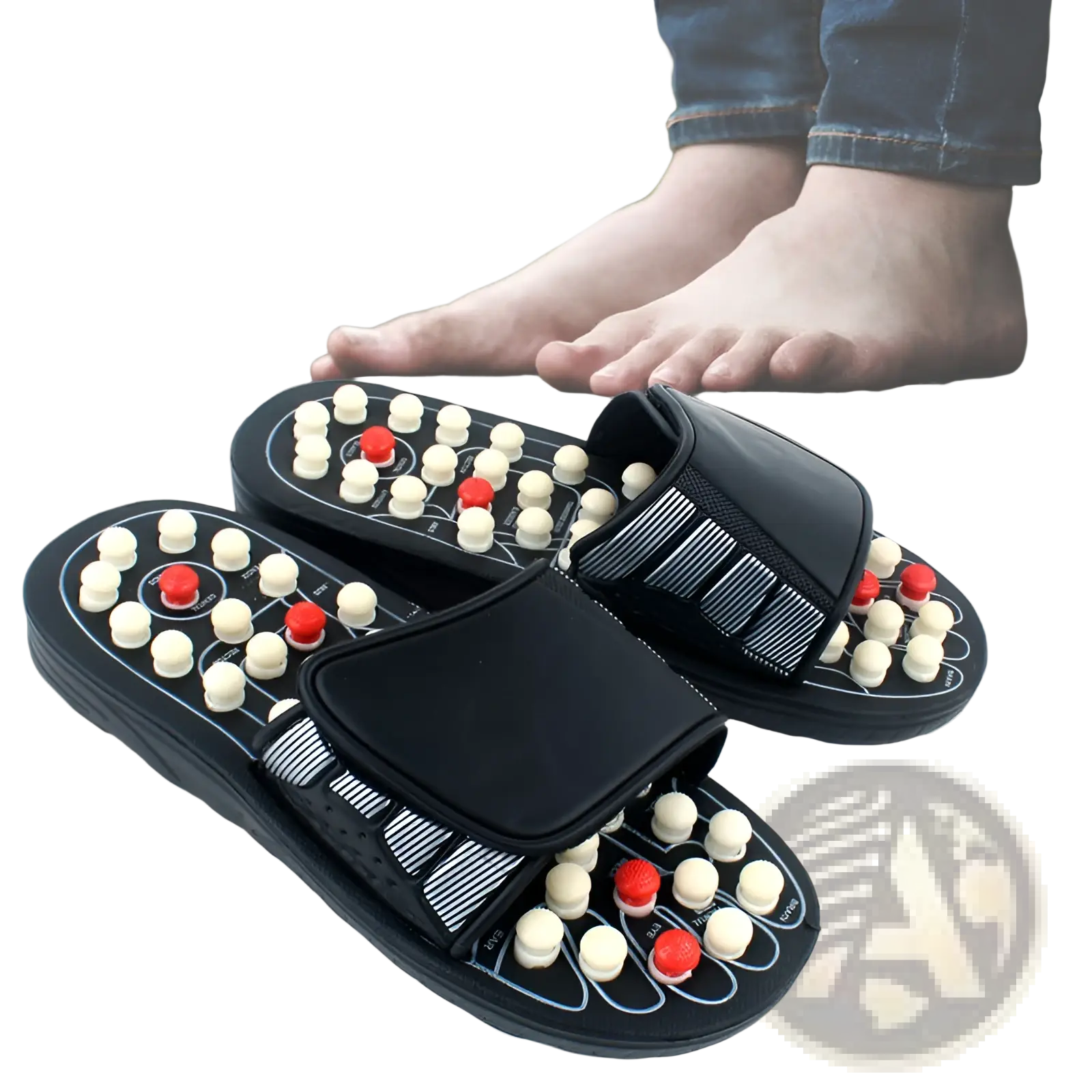 Black acupressure massage slippers for men and women with white and red spherical massage nodes on the soles