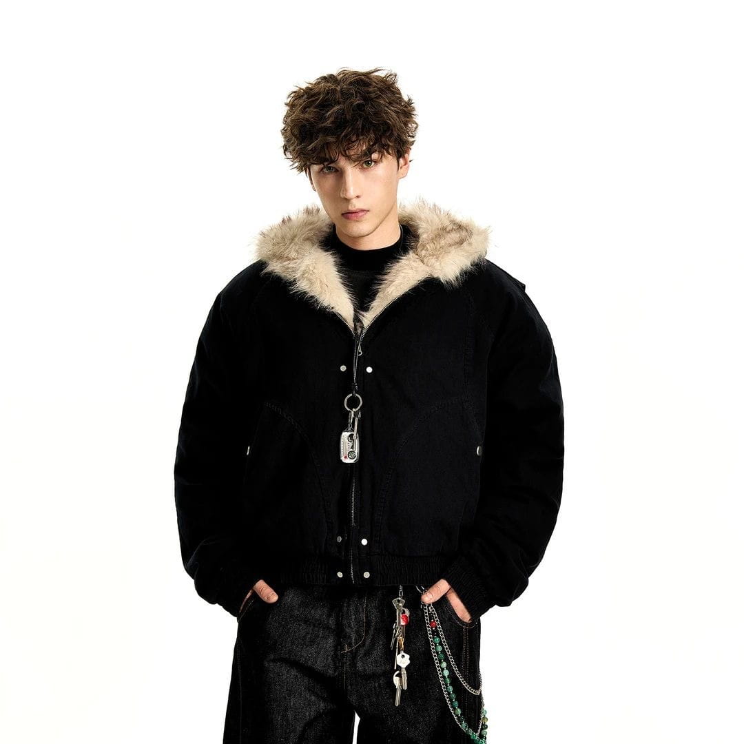 Black velvet bomber jacket with a light beige faux fur lined hood designed for winter wear.