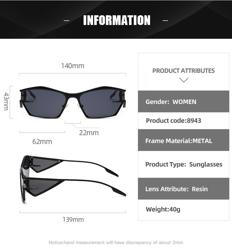 Black metal-framed geometric shield UV400 fashion sunglasses with dark resin lenses.