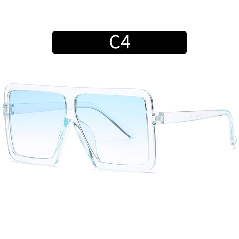 Clear rectangular oversized square translucent UV400 fashion sunglasses with light blue gradient lenses and transparent frames.