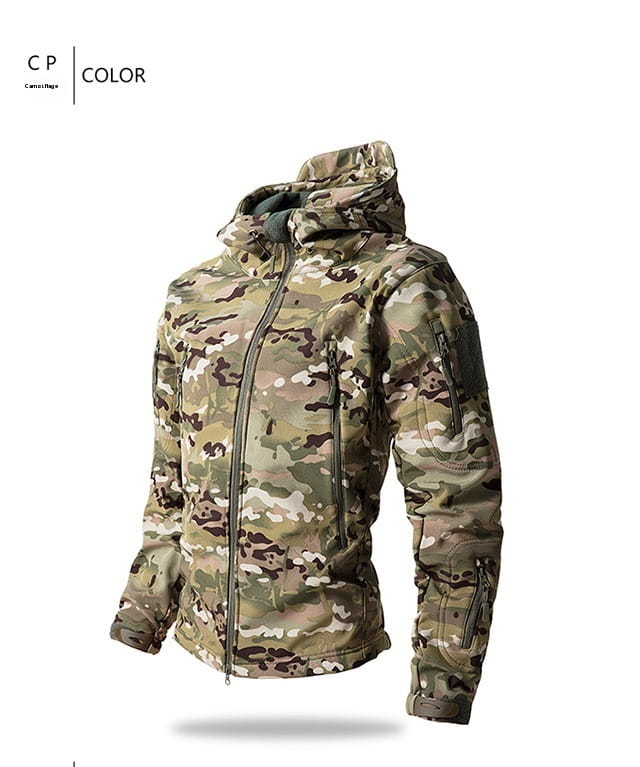 Men’s waterproof tactical fleece soft shell jacket in a tactical camouflage hooded design with earthy green brown and beige tones and an irregular pattern.
