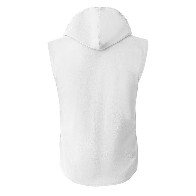 Men’s linen blend sleeveless hooded button up shirt in white with a soft smooth fabric and a clean simple design.
