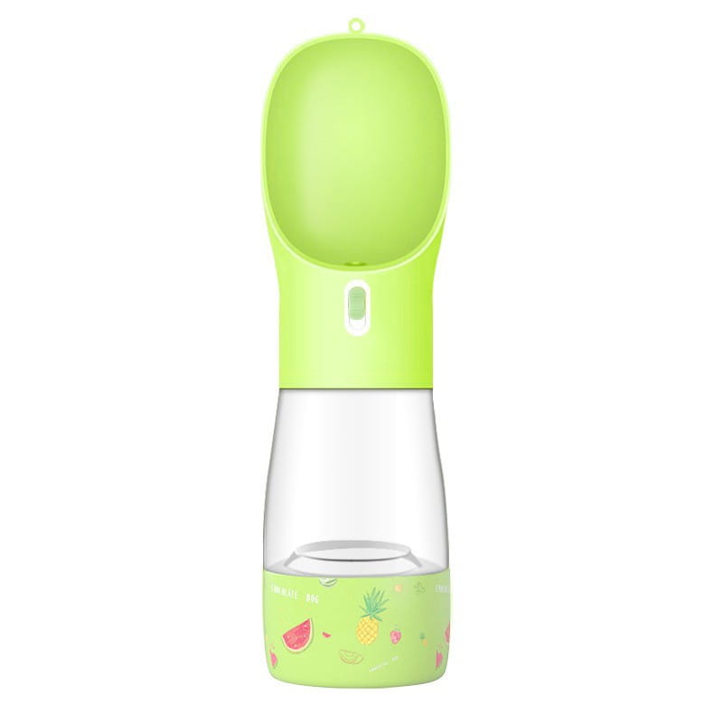 Gourde pour chien citron vert, gamelle de voyage portable pour chien 458 ml, avec corps en plastique transparent et autocollants à thème de fruits, capacité 458 ml.