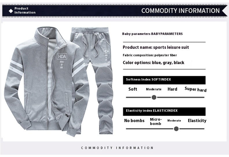 Mens track suit athletic zip sweatshirt jacket in gray polyester fiber with white stripe accents on sleeves and pants designed for sports and leisure activities