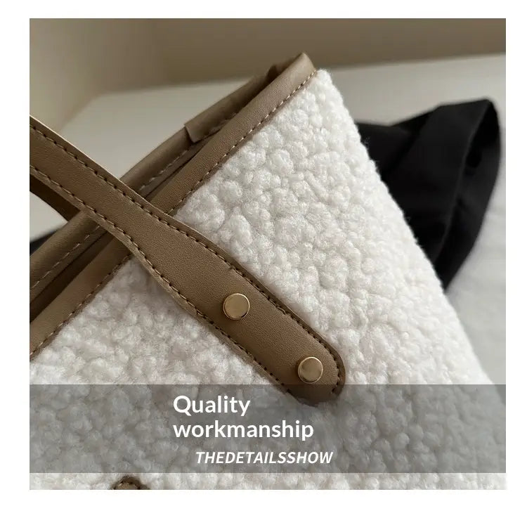 Brown faux fur tote bag with white textured fabric and tan leather straps featuring gold tone hardware.