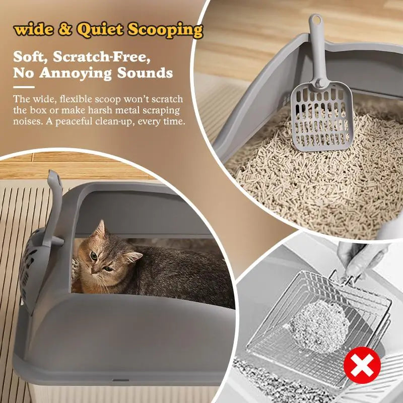 Pala para arena de gato de plástico gris con un diseño suave y flexible y mango perforado para una recogida silenciosa, combinada con una caja para arena de gato grande de acero inoxidable.