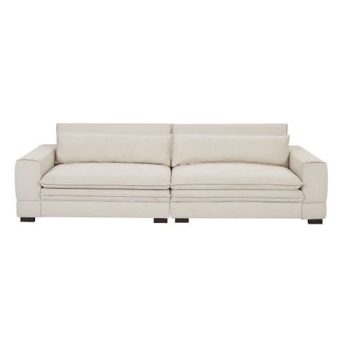 beigefarbene gepolsterte Mid-Century-Modern-4-Sitzer-Fabric-Sektionsecke mit klaren Linien und dunklen Holzbeinen, mit einer Breite von 105 Zoll