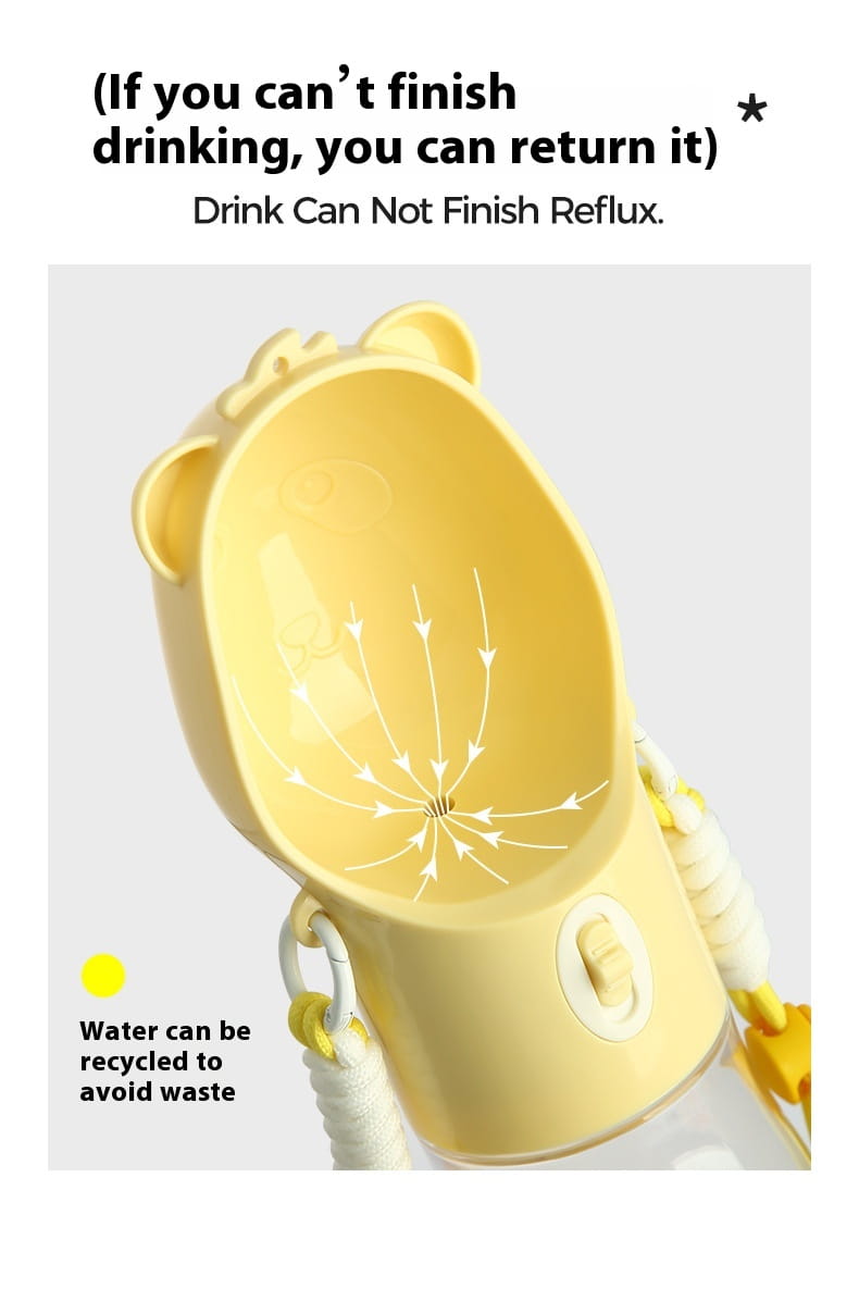 Distributeur portable pour eau et nourriture pour chien jaune en forme d’ours, avec paille et sangle de transport, conçu pour l’alimentation et l’hydratation.