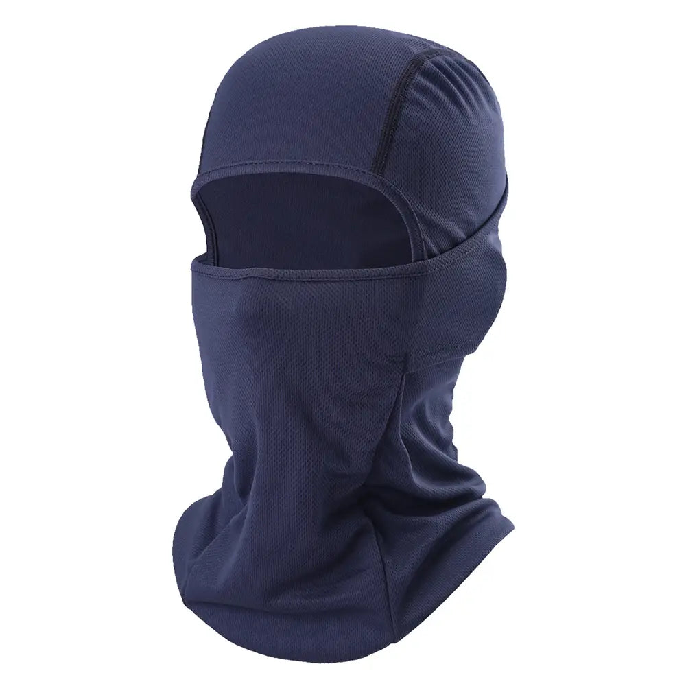 Dark navy blue breathable motorcycle balaclava made of stretchy fabric with a snug fit and eye openings for sun protection.