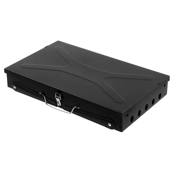 Black rectangular portable charcoal grill 44cm with textured steel surface and side ventilation holes for folding square barbecue use.
