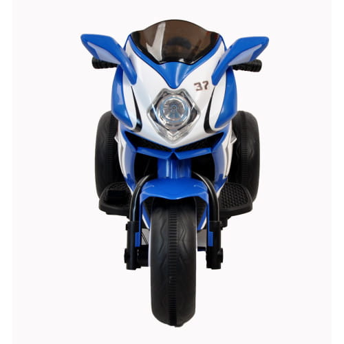Blue and white 6v kids electric ride on motorcycle with black tires and handlebars designed for children