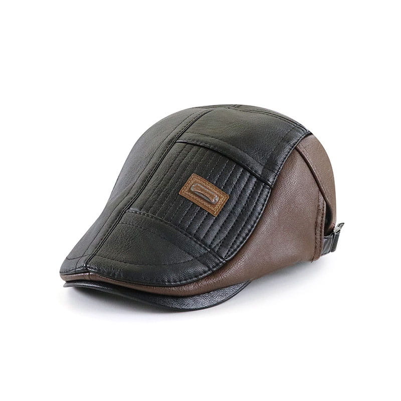 Pu leather two tone flat cap for men featuring brown and black leather with a stitched panel design and a small rectangular patch on the front.