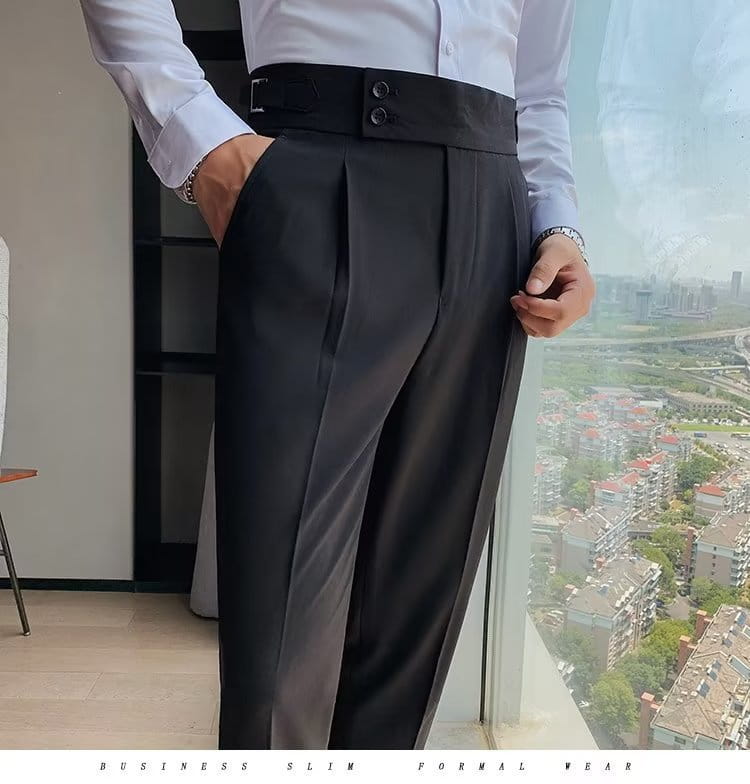 Black slim fit formal trousers with a high-waisted design and pleated front, featuring a matching wide belt with silver-toned double buckle details for Korean style menswear.