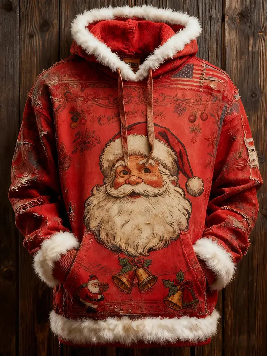 red santa claus-themed hoodie with white faux fur trim on the hood cuffs and hem featuring a distressed vintage design and front pockets for holiday wear