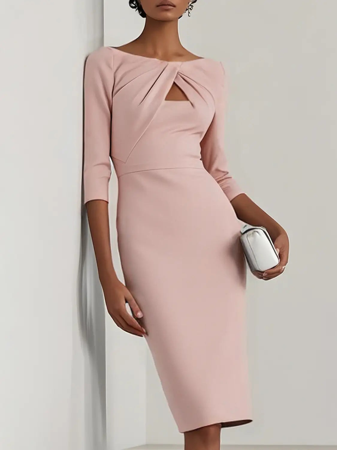 Une robe midi rose pâle, ajustée, avec une encolure nouée distinctive et des manches trois-quarts, conçue pour être à la fois amincissante et élégante.