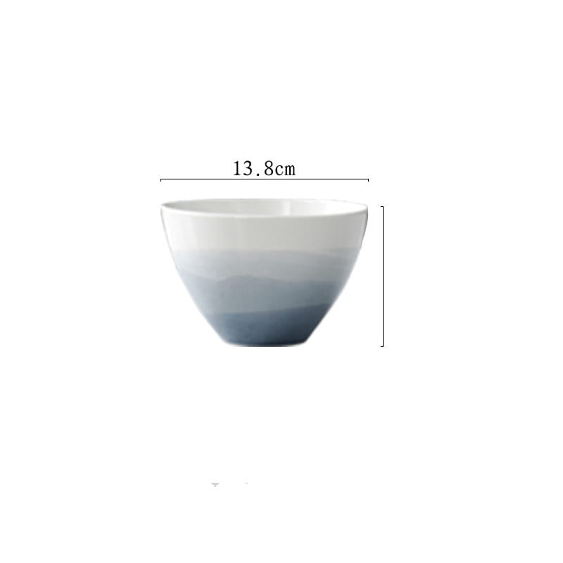 A ceramic gradient blue steak plate and bowl set featuring a smooth ceramic bowl with a gradient finish transitioning from white at the rim to deep blue at the base.