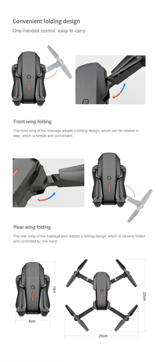 Black folding E88 Pro 4k dual camera foldable fpv quadcopter drone with compact one-handed control design and foldable front and rear wings.