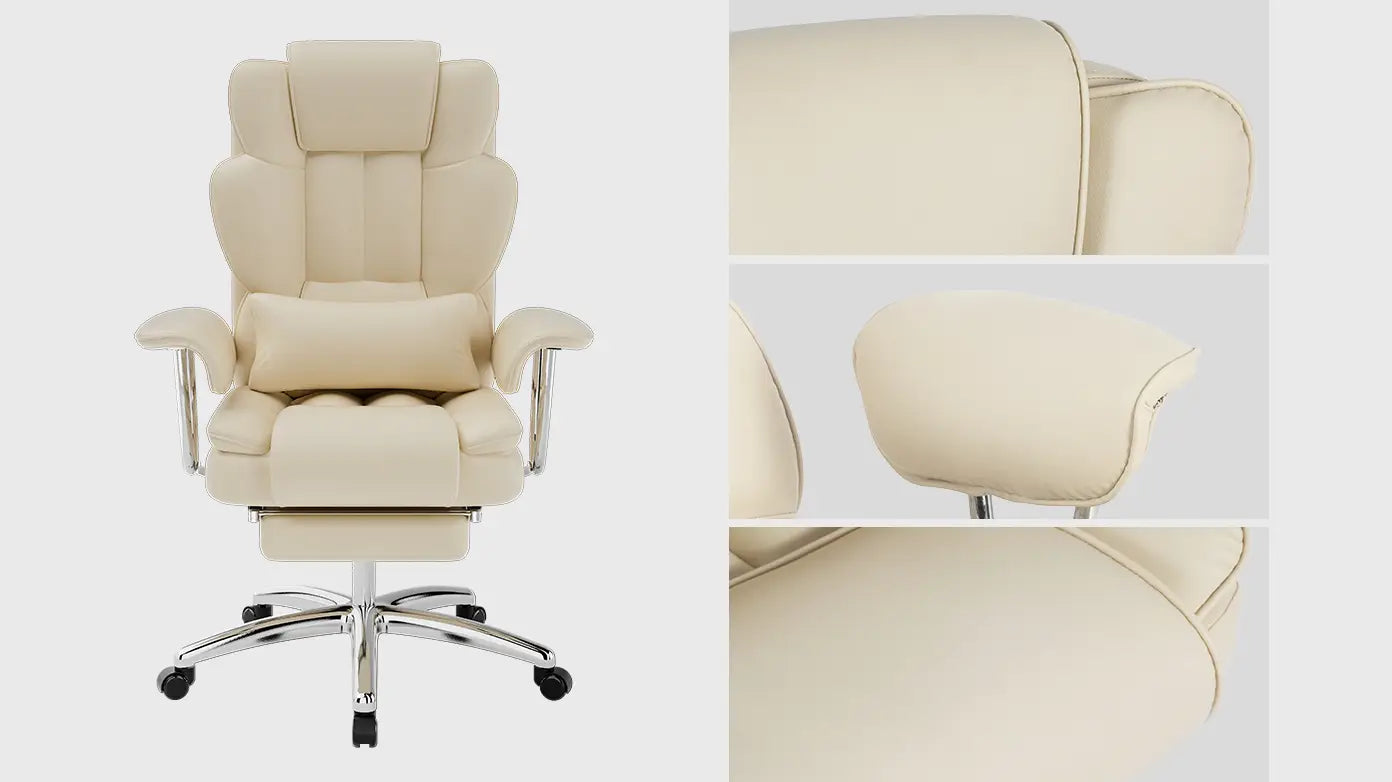 Chaise de bureau de direction en cuir de couleur crème, grande et haute, avec accoudoirs sur base chromée et repose-pieds.