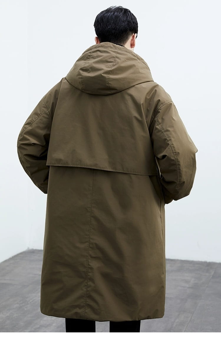 Men hooded trench coat in olive green with quilted design and front zipper closure designed as a false two piece winter jacket.