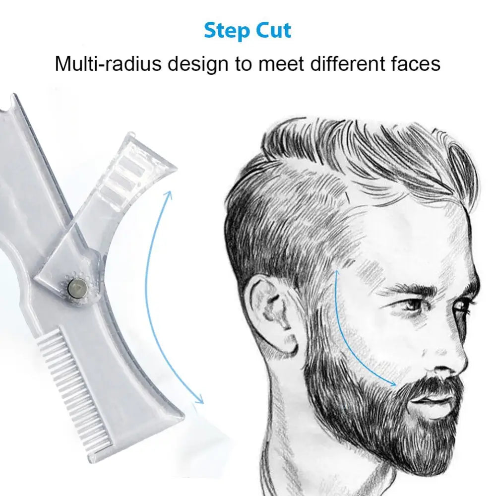 Gray plastic step-cut beard comb with adjustable multi-radius design and 360 degree rotation for shaping different face shapes.