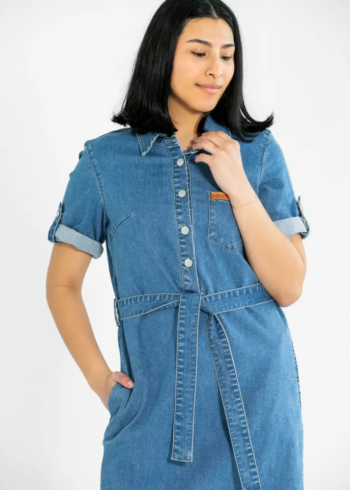 Ada denim button front midi dress with belt in blue denim featuring rolled-up sleeves and a belted waist