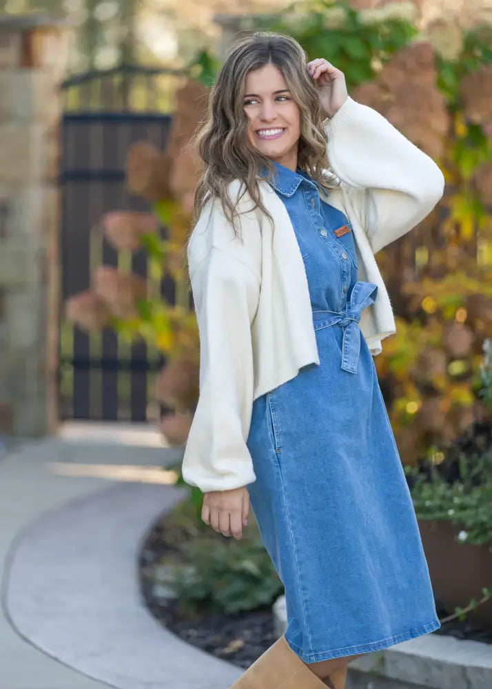 Blue denim midi dress with collar and tie waistband featuring button front and belt for stylish casual wear