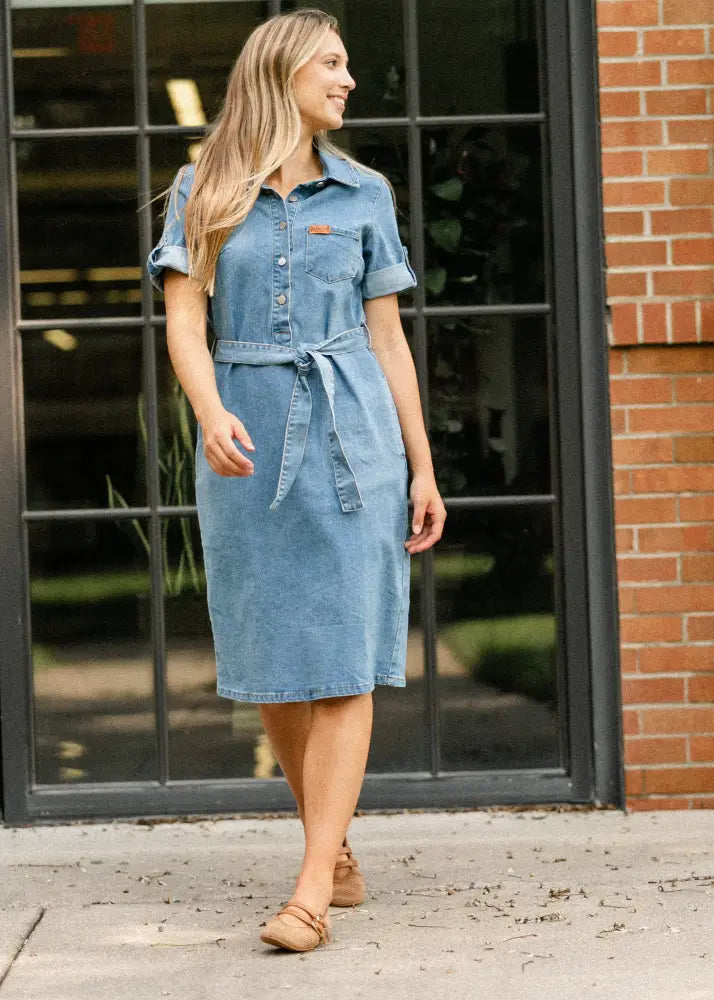 Ada denim button front midi dress with belt in light blue denim featuring rolled sleeves and a self-tie belt