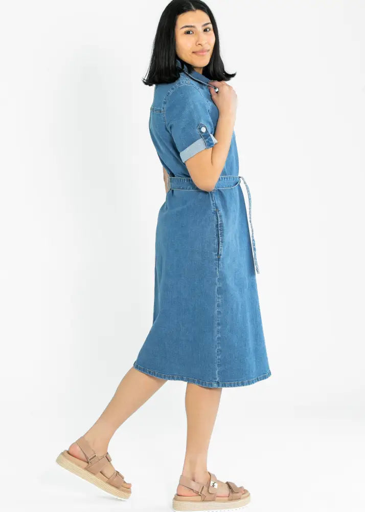 Ada denim button front midi dress with belt featuring mid-thigh length, collar, short sleeves, and belted waist