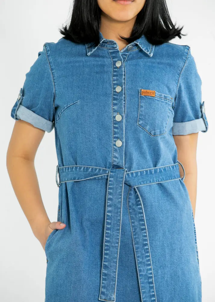 Ada denim button front midi dress with belt in blue denim featuring rolled-up sleeves and a matching waist belt