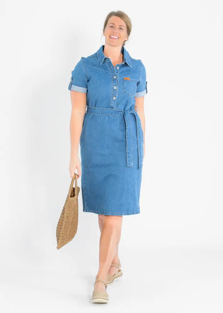 Blue denim midi dress with short sleeves button front and belted waist ideal for casual or semi-formal wear