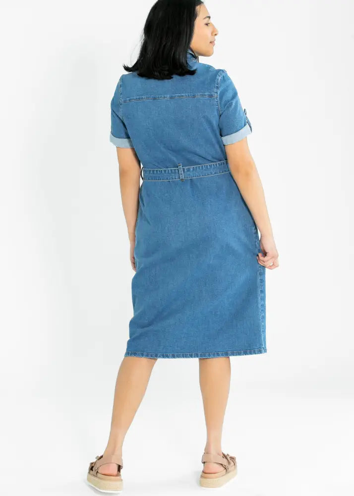 Blue denim button front midi dress with short sleeves and belted waist for a stylish casual look