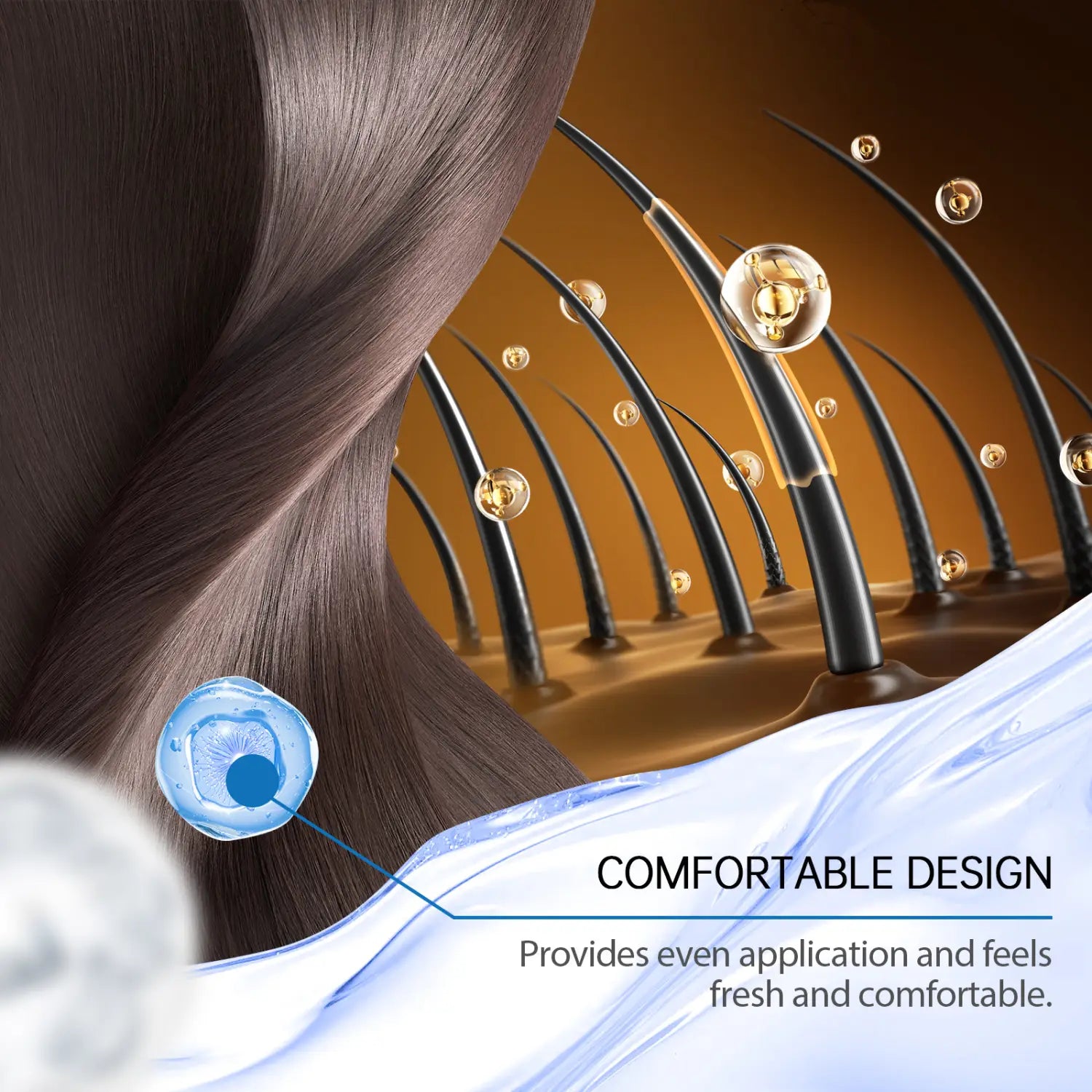 A sleek dark brown scalp cooling hair ampoule vitamin B5 repairing essence with a glossy finish and golden droplet accents.