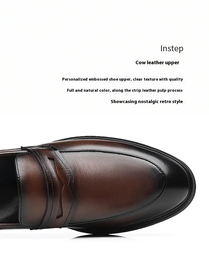 Men’s brown cowhide leather height increasing formal loafer with polished finish and black rubber sole.