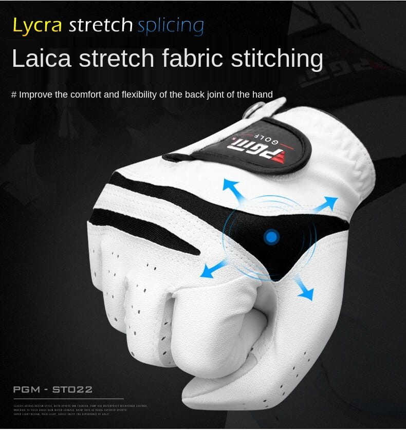 Men genuine leather breathable golf glove in white and black showing the back side with stretch fabric stitching for enhanced hand flexibility.