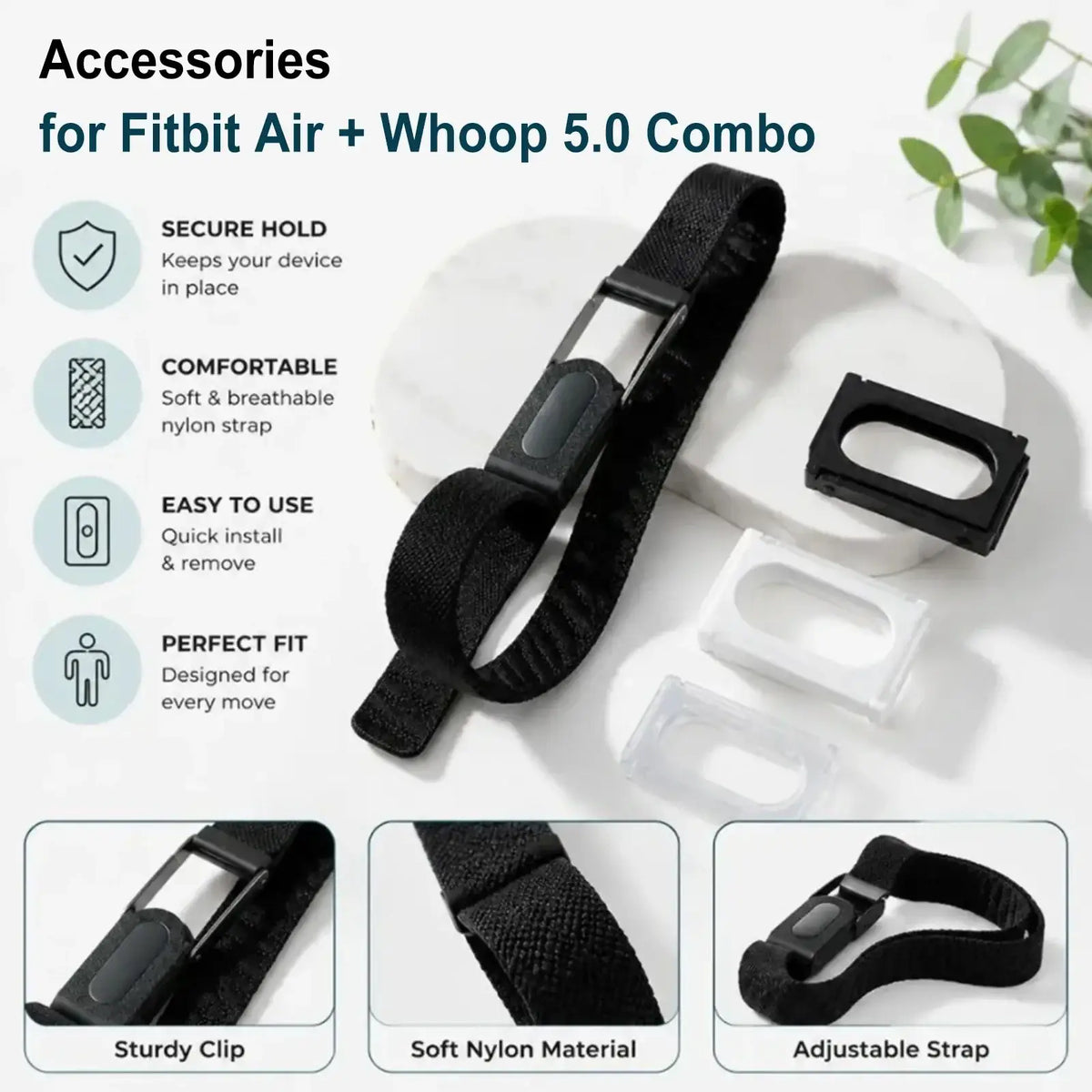 Black nylon adapter bracket frame with sturdy black clip for securing fitbit air to whoop 5.0 devices